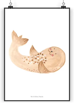 Produktbild von Mr. & Mrs. Panda Bild Robbe Liegen DIN A3 - Weiß - Geschenk, wanddeko, Ostsee, Seehund, drucke, Wandbild, Lustige Sprüche, kunstdruck poster, Nordsee, Robben, Strand