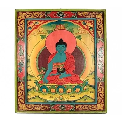 Image de Bouddha de la médecine peint à la main Thangka panneau en bois -- 66x52 cm