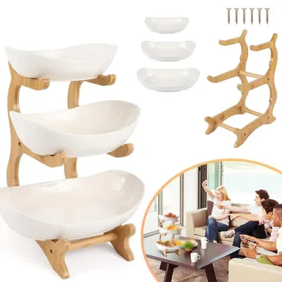 Image de Bol en plastique pour fruits - Étagère de rangement - Support en bois - Idéal pour la cuisine, les fêtes et les restaurants