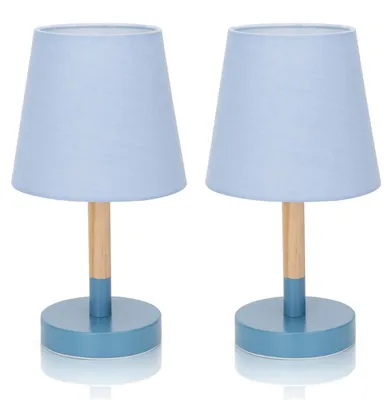 Produktbild von Aigostar Nachttischlampe 2er Set Holz, Moderne Tischlampe mit Stoffschirm und Metallfuß, E14 Fassung, Tischleuchte für Schlafzimmer, Wohnzimmer, Arbeitszimmer – Blau