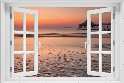 Produktbild von Wallario Wandbild mit Fenster-Illusion: Strand am Abend - Seebrücke am Ostseebad Heringsdorf, Größe: 61 x 91,5 cm, Poster mit rahmenlosen Bildhalter
