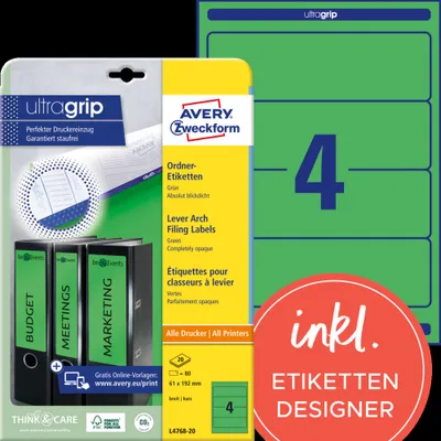 Produktbild von Avery Zweckform L4768-20 Ordner-Etiketten, A4 mit ultragrip, 61 x 192 mm, 20 Bogen/80 Etiketten, grün