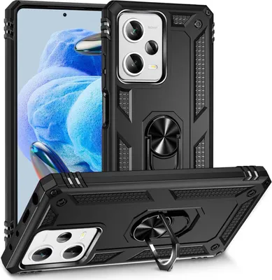 Produktbild von Conie Outdoor Schutzhülle für Xiaomi Redmi Note 12 5G Tasche Silikon Hard Case Cover Hülle mit Halter Ständer in Schwarz