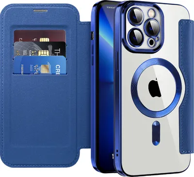 Produktbild von Klapphülle für iPhone 13 Pro Max Kompatibel mit Magsafe, Klar Überzug Kartenhalter Ledertasche mit Kameraschutz Blau