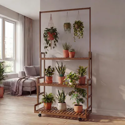 Productafbeelding van Bamboe plantenrek HWC-Q33, bloemenrek, plantenrek met treden, met 3 plateaus, wielen, 175x93x38 cm, bruin
