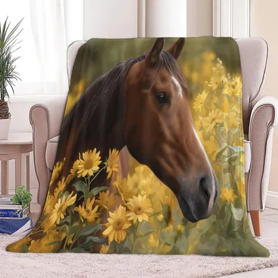 Imagen del producto de Manta de franela suave con motivos de caballos y girasoles, 220x240 cm