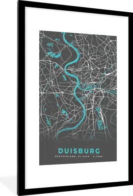 Produktbild von MuchoWow® Gerahmtes Poster Deutschland - Blau - Duisburg - Stadtplan - Karte 60x90 cm - Poster mit Schwarzem Bilderrahmen Wandposter Rahmen Foto Bilder - Dekoration - Wandposter Wohnzimmer - Hochwertig