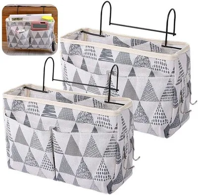 Produktbild von Unyqoos® Hängende Aufbewahrungstasche / Bett-Organizer aus Baumwolle-Leinen, wasserabweisend, 19×29×10,5 cm, bis 4,5 kg, grau/weiß, Netzfach & Doppelhaken
