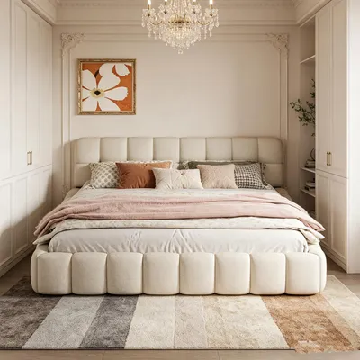 Obrázek produktu pro INONEFT, postel "Bubble", 160x200 cm, čalouněná postel, dvoulůžko s čalouněnou opěrkou, rám postele pro mládež s roštovou základnou, nízká postel, přistýlka, barva: béžová