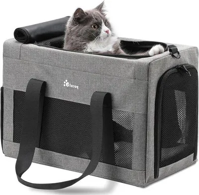 Produktbild von Katzen-Tragetasche - Reisetasche für Welpen - Transport von Tieren - Stabile Stahlrahmenkonstruktion - 44 x 30 x 23,5 cm - Grau