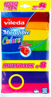 A package of Vileda Microfibre Colors cleaning cloths.