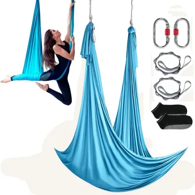 Zdjęcie produktu dla Aerial Yoga Hammock Set 5 x 2.8 m, niebieski - Aerial Yoga Swing Air Flying - Yoga Swing Hamak Swing 1000 kg Max. Udźwig - W zestawie skarpetki do jogi i stalowy karabińczyk - Ćwiczenia antygrawitacyjne