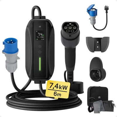 Image de Câble de recharge EV, 7,4 kW, 6 mètres, connecteur Type 2, borne de recharge murale mobile pour voiture électrique