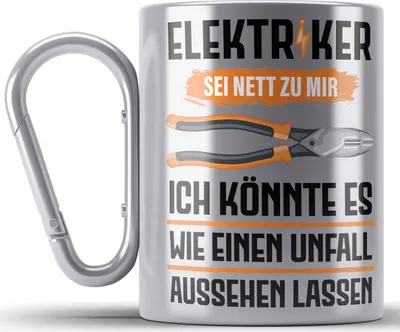 Produktbild von Trendation - Elektriker Edelstahl Tasse Karabiner Spruch Männer Geschenk Lustig Gadget Geschenke Kaffeebecher (Silber)