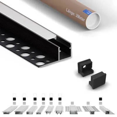 Produktbild von LED-Abschlussprofil F2 für Fliesen 2 m Schwarz für LED-Streifen bis 8 mm inkl. milchiger Abdeckung