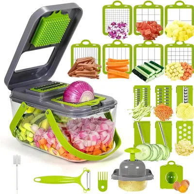 Produktbild von 13-in-1 Multifunktionaler manueller Gemüseschneider, Küchenhacker mit Handschutz, Abtropfkorb, Klingenaufbewahrungsbox, komplettes Zubehörset