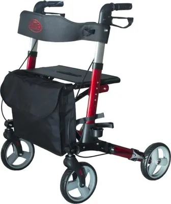 A red and black rollator walker with a black bag attached, shown against a white background.