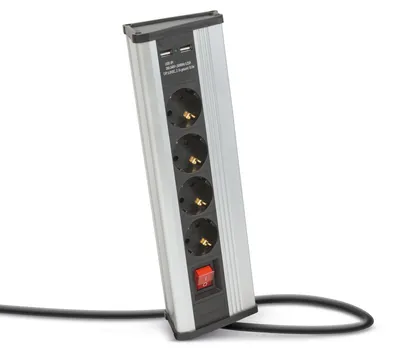 Immagine prodotto di Presa angolare con interruttore, 4 prese 250 V/16 A + 2 USB 2,1 A, alloggiamento in alluminio, a prova di bambino, cavo da 1,5 m [20484S]