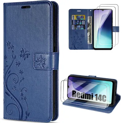 Image de Coque + 2 Verres Trempés pour Xiaomi Redmi 14C, Protection Anti-Rayures Antichoc Synthécuir Motif Papillon Bleu Marine