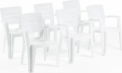 Immagine prodotto di set di 6 sedie monoblocco in polipropilene, impilabili con braccioli, resistenti all'acqua, effetto legno per giardino, terrazza, ristorante, bar, facili da pulire - Anita - Bianco