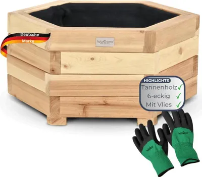 Produktbild von Pflanzkasten Holz 6-eckig MICHA - Inkl. Vlies und Handschuhe | Pflanzkübel Tannenholz Blumenkasten Blumenkübel Blumentopf Terrasse, 46cm Breit