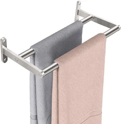 Obrázok produktu pre Uniqoos® Držiak na uteráky, dvojitý, z nehrdzavejúcej ocele, úsporný dizajn, 40 cm, brúsený povrch, montáž na stenu, vzdialenosť 6 cm – strieborná farba, vhodný do kúpeľne a kuchyne