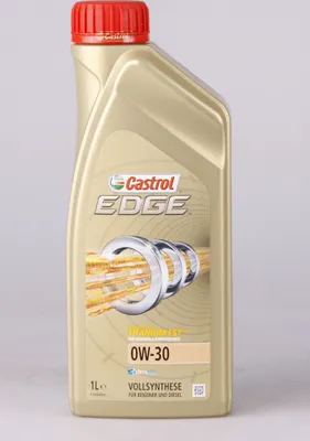 A bottle of Castrol Edge motor oil against a light gray background.