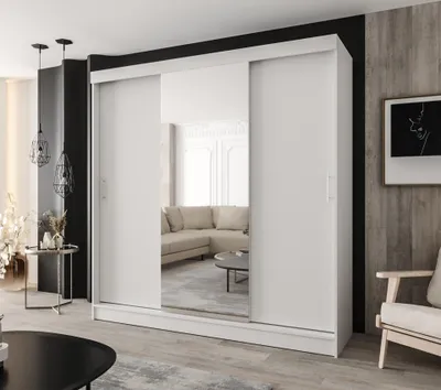 Produktbild von Schwebetürenschrank 3-türig 250x205 cm weiß mit  Spiegel – Moderner Kleiderschrank für Schlafzimmer und Flur