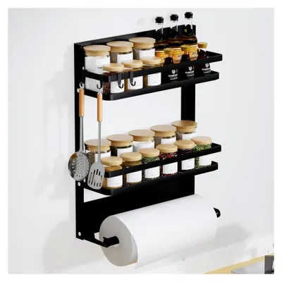 Produktbild von Gewürzregal, Wandregal mit Papierhalter und 4 Haken, Küchenorganizer ohne Bohren - Platzsparend und ordentlich in der Küche