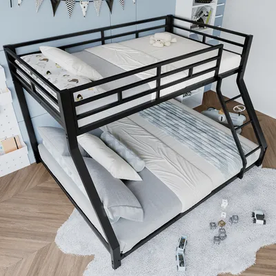 Produktbild von MODFU Etagenbett 90/140x200 cm mit 1 Matratze, Doppelbett Jugendbett mit Stufe & Geländer, Metallbett mit doppeltem Schlafbereich – Schwarz