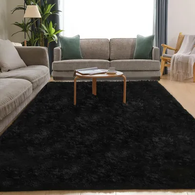 Productafbeelding van Hoogpolig tapijt 140 x 200 cm, zwart, antislip, wasbaar, voor woonkamer