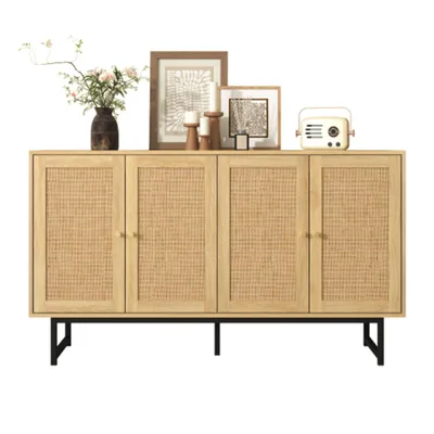 Produktbild von Kommode,Sideboard mit echtem Rattangeflecht, Küchenschrank mit 4 Türen 140x39,5x80cm