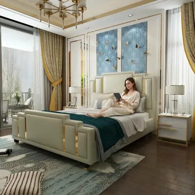 Obrázok produktu pre Modern Weißes Kunstleder Doppelbett Schlafzimmer Bett Nachttische Set, Obrázok generovaný UI