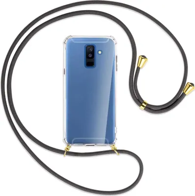 Produktbild von Handykette Backcover-Schutzhülle mit Band (Metall goldfarben) für Samsung Galaxy A6 Plus 2018 / J8 - dunkelgrau