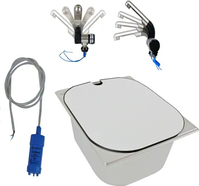 Immagine prodotto di Lavabo in acciaio inox + coperchio campeggio 325x265x100 mm + rubinetto + pompa camper