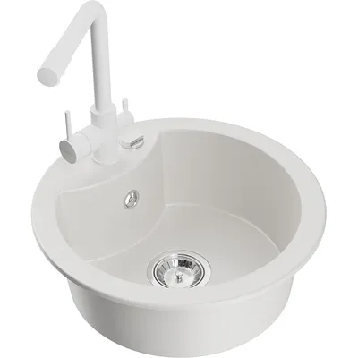 Obrázek produktu pro Mexen Diego 1-miskový granitový dřez s kuchyňskou baterií Duero, Bílá - 6512-20-671600-20