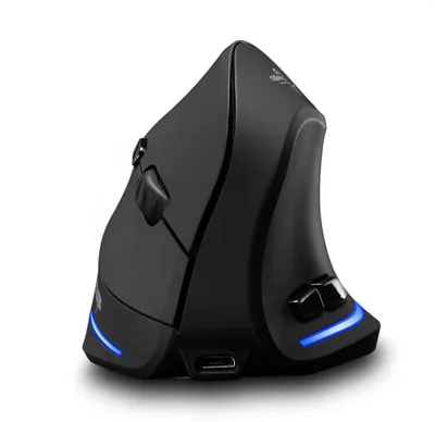 A black ergonomic vertical mouse with blue LED accents is shown against a white background.