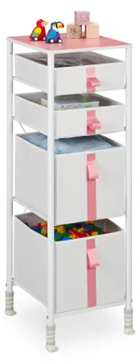 Produktbild von Relaxdays Kommode, Kinder, 4 Stoffschubladen, HBT: 109,5 x 36 x 40,5 cm, Schubladenschrank, Metallgestell, weiß/rosa