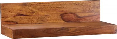 A wooden shelf against a white background.