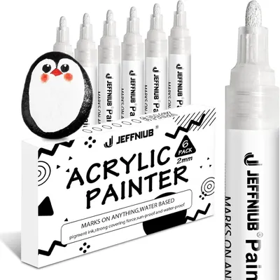 Obrázok produktu pre Sada akrylových fixiek, 6 bielych fixiek s hrubou špičkou, vodeodolných, vhodné na drevo, kov, sklo, textílie, kameň, papier