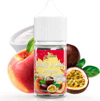 Produktbild von Belissia Shake and Make Pfirsich-Maracuja-Joghurt Refill - 30 ml hochdosiertes Lebensmittelaroma - zum Nachfüllen - Für Backen, Speisen, Getränke uvm