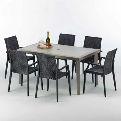 Produktbild von Polyrattan Tisch Rechteckig mit 6 Bunten Stühlen 150x90 Beige Marion