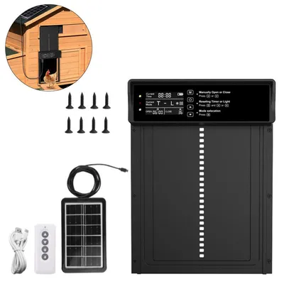 Produktbild von Solar Hühnerklappe Aluminium wasserdicht – LED Display Timer Lichtsensor & Fernbedienung | Elektrische Hühnertür mit Einklemmschutz & Alarm