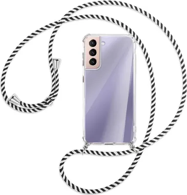 Produktbild von Handykette Backcover-Schutzhülle mit Band (Metall silberfarben) für Samsung Galaxy S21 5G - schwarz/weiß gestreift