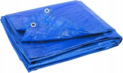 A folded blue tarp is shown against a white background.