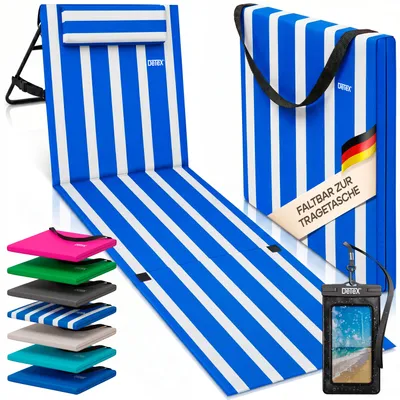 Produktbild von DETEX® Strandmatte mit Rückenlehne Gepolstert Blau Weiß Sonnenliege klappbar UV-beständig Tasche Reißverschluss Kissen Tragegurt Garten Camping Picknick Liegematte 158x56cm