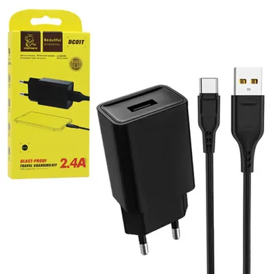 Productafbeelding van Netadapter 2.4A + USB-C kabel, zwart, DENMEN 2400mA, DC01, 12W, zwart