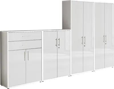 Produktbild von Aktenschrank TABOR 56 in weiß / weiß Hochglanz, Schrankwand, Büroschrank, abschließbar, Metallgriffe