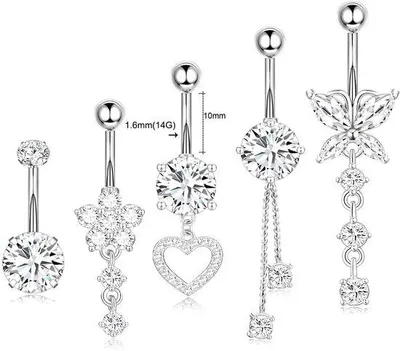 Productafbeelding van Navelpiercingset van roestvrij staal - 5 stuks - 14G - 1,6 mm - 10 mm - Zilver - Comfortabel - Piercingset