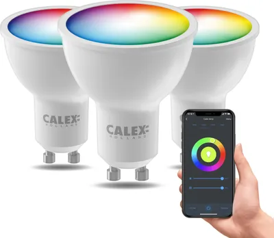 Zdjęcie produktu dla Calex Smart LED-Spot x3, żarówka GU10, typ PAR16, RGB i ciepła biel, Wi-Fi, możliwość regulacji jasności, kolor biały